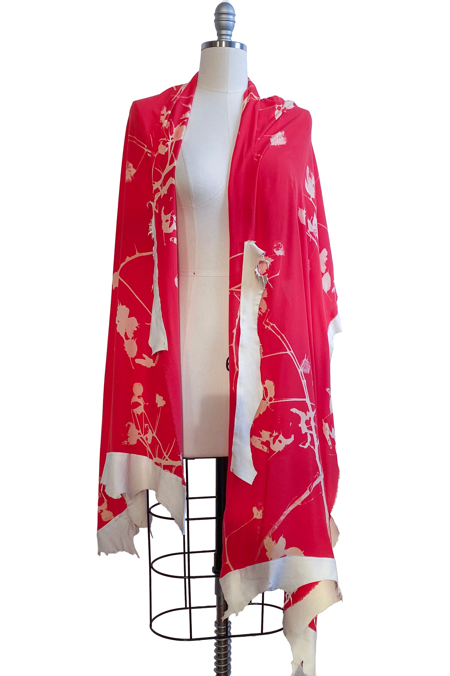 Shawl in Silk Chiffon w/ Cotton Print & Leather Trim - Blood Orange & Natural