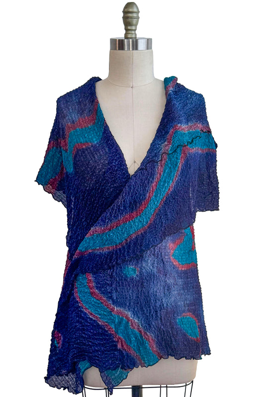Asymmetrical Wrap Vest | Bubble Silk | Itajime Dye | Navy, Turquoise & Red
