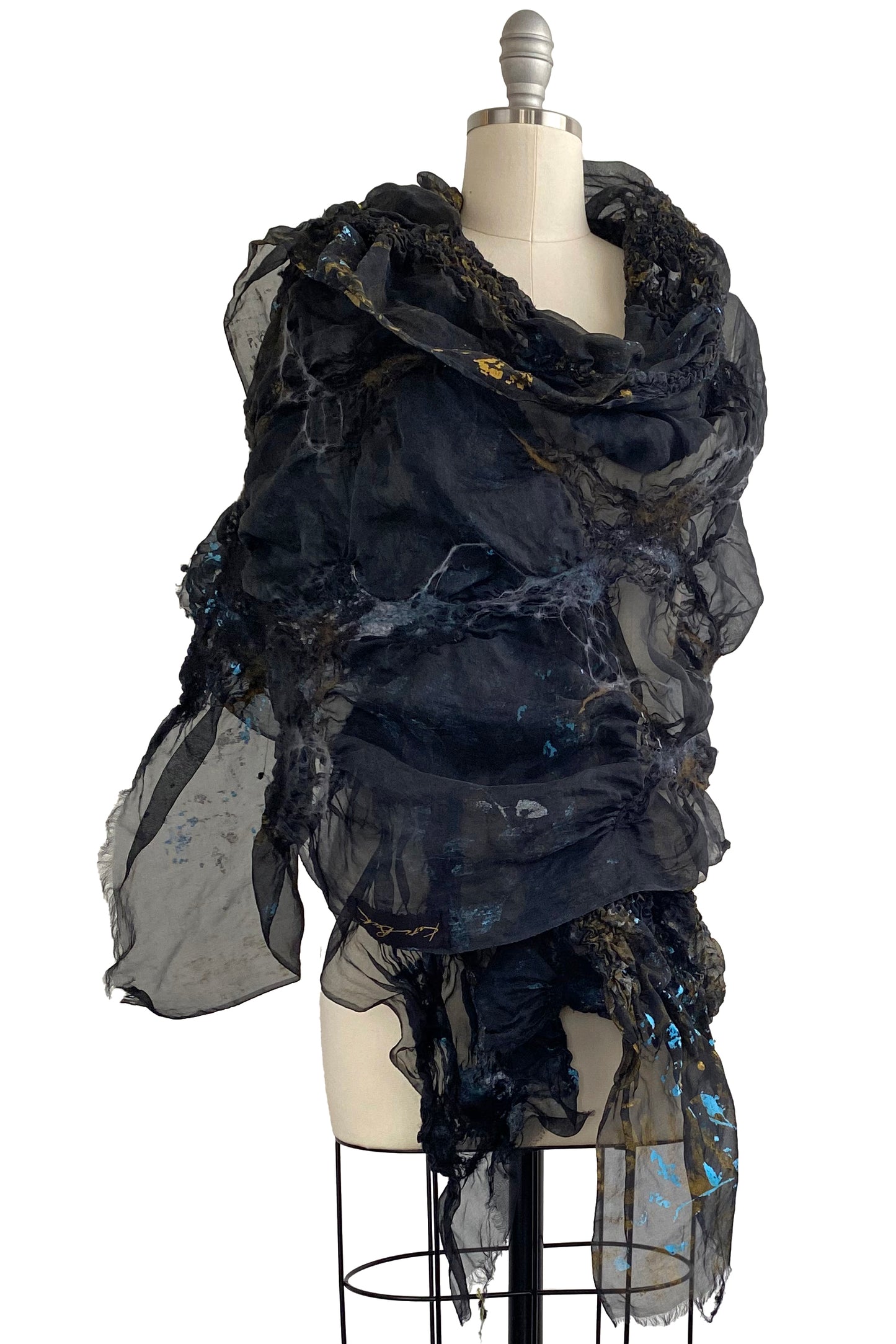 Felted Organza Shawl w/ Vine Print - Black, Light Blue, & Gold