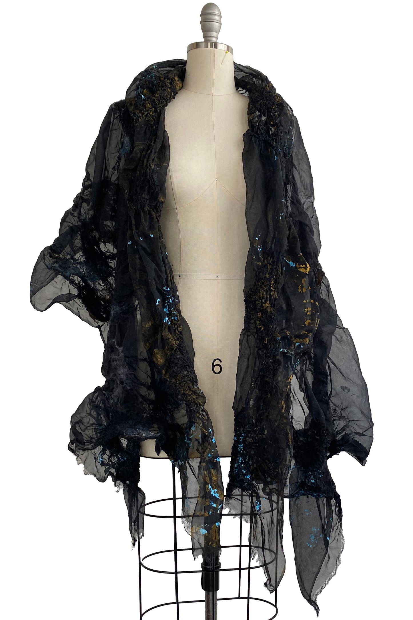 Felted Organza Shawl w/ Vine Print - Black, Light Blue, & Gold