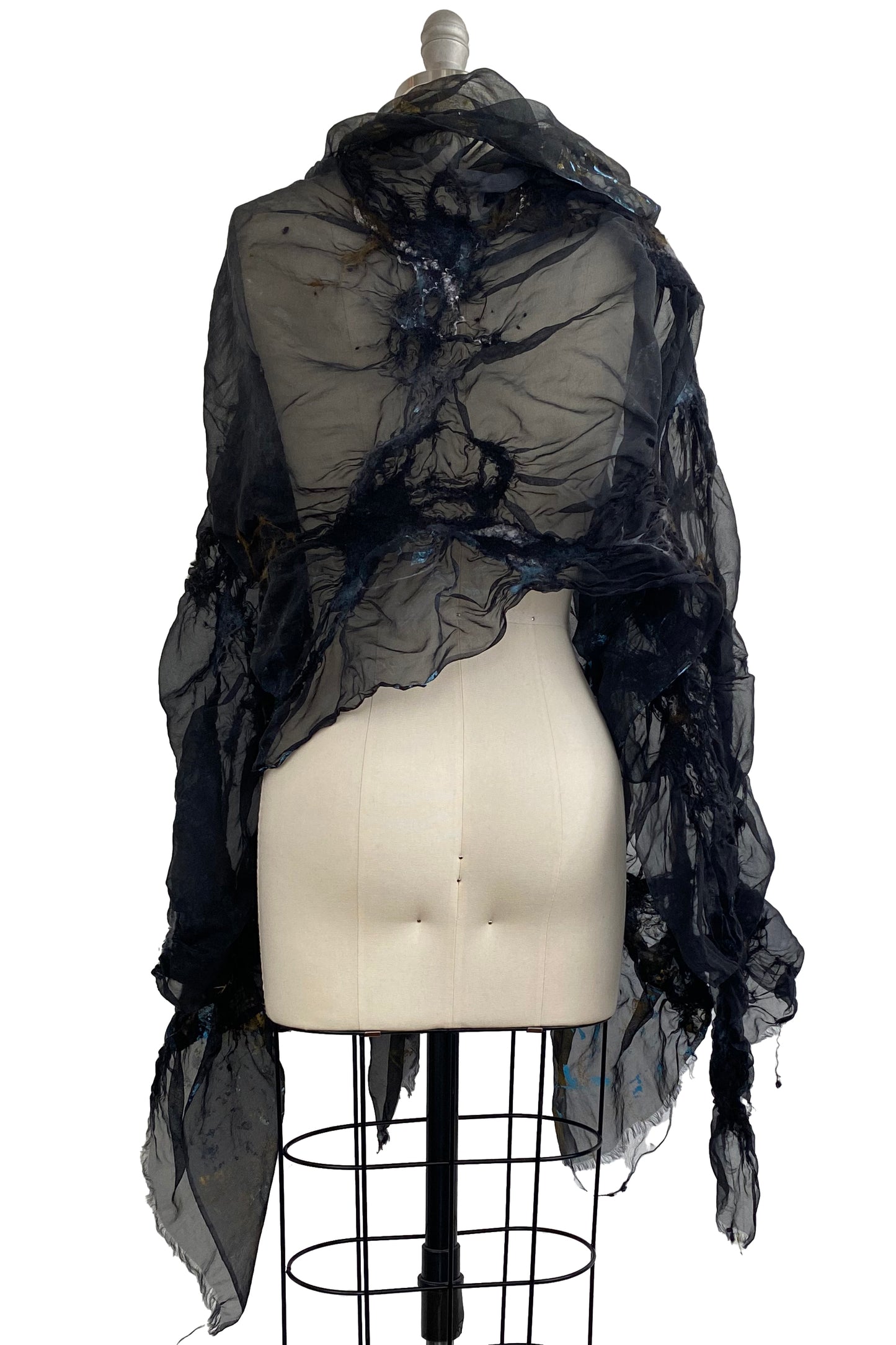 Felted Organza Shawl w/ Vine Print - Black, Light Blue, & Gold