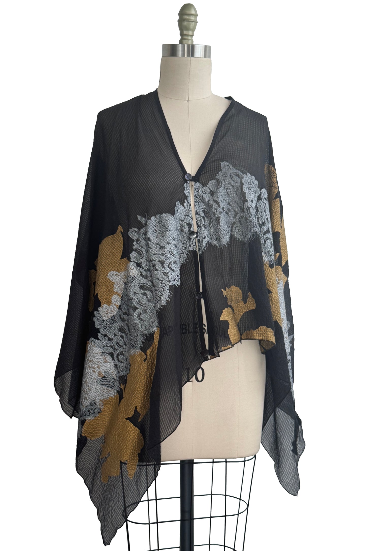 Button Drape in Seersucker Silk - Azalea & Wallpaper Print - Black, Gold & Silver