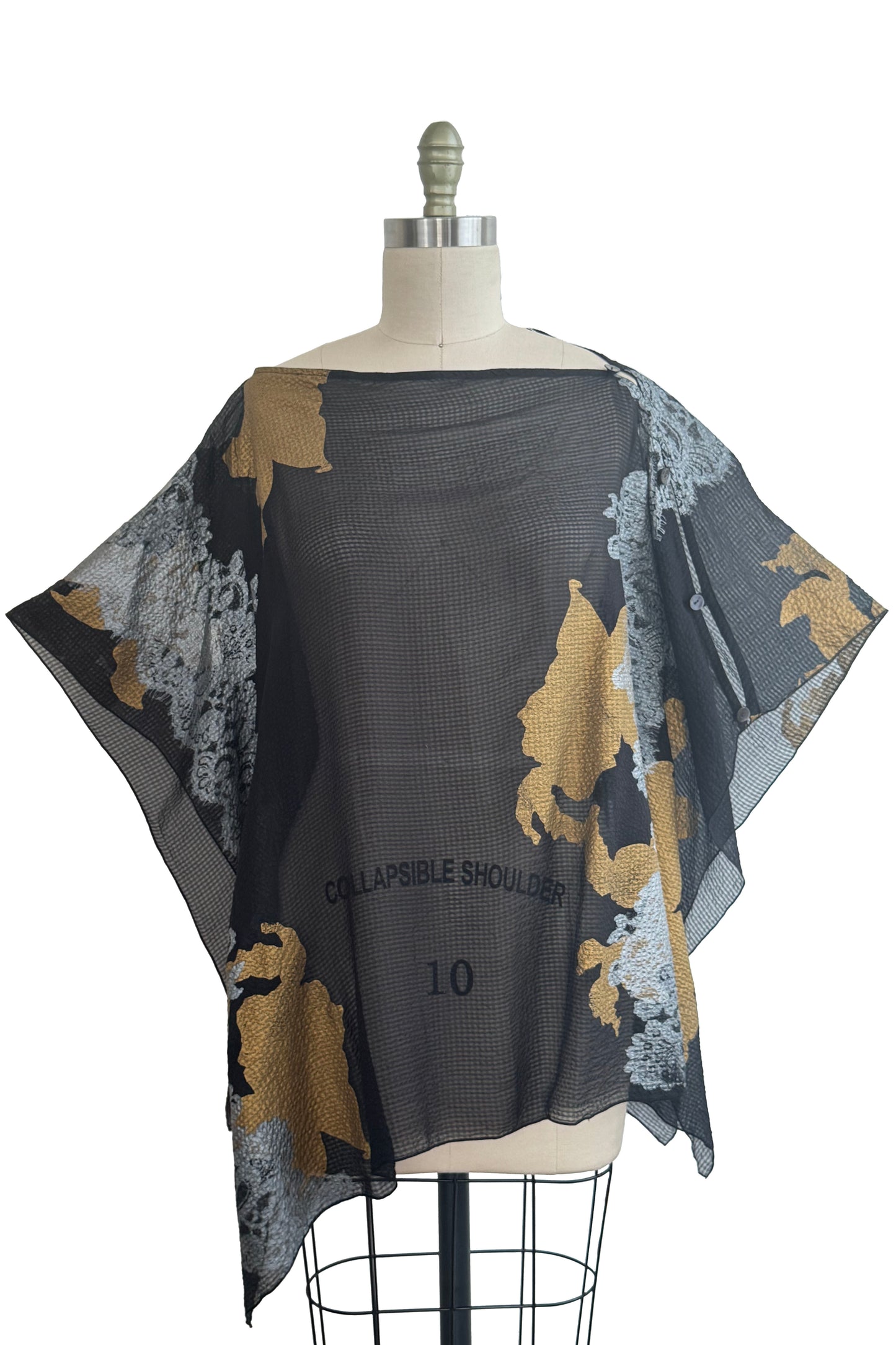 Button Drape in Seersucker Silk - Azalea & Wallpaper Print - Black, Gold & Silver