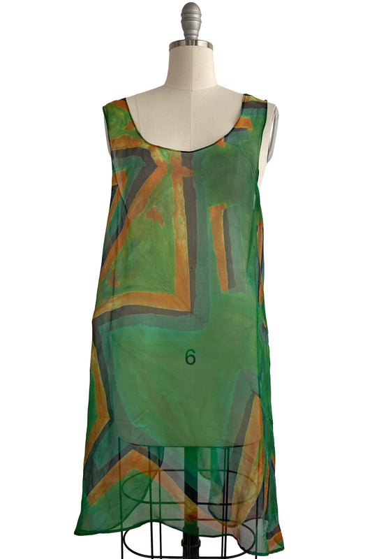 Apron Dress in Organza w/ Shibori Dye - Green, Orange & Black