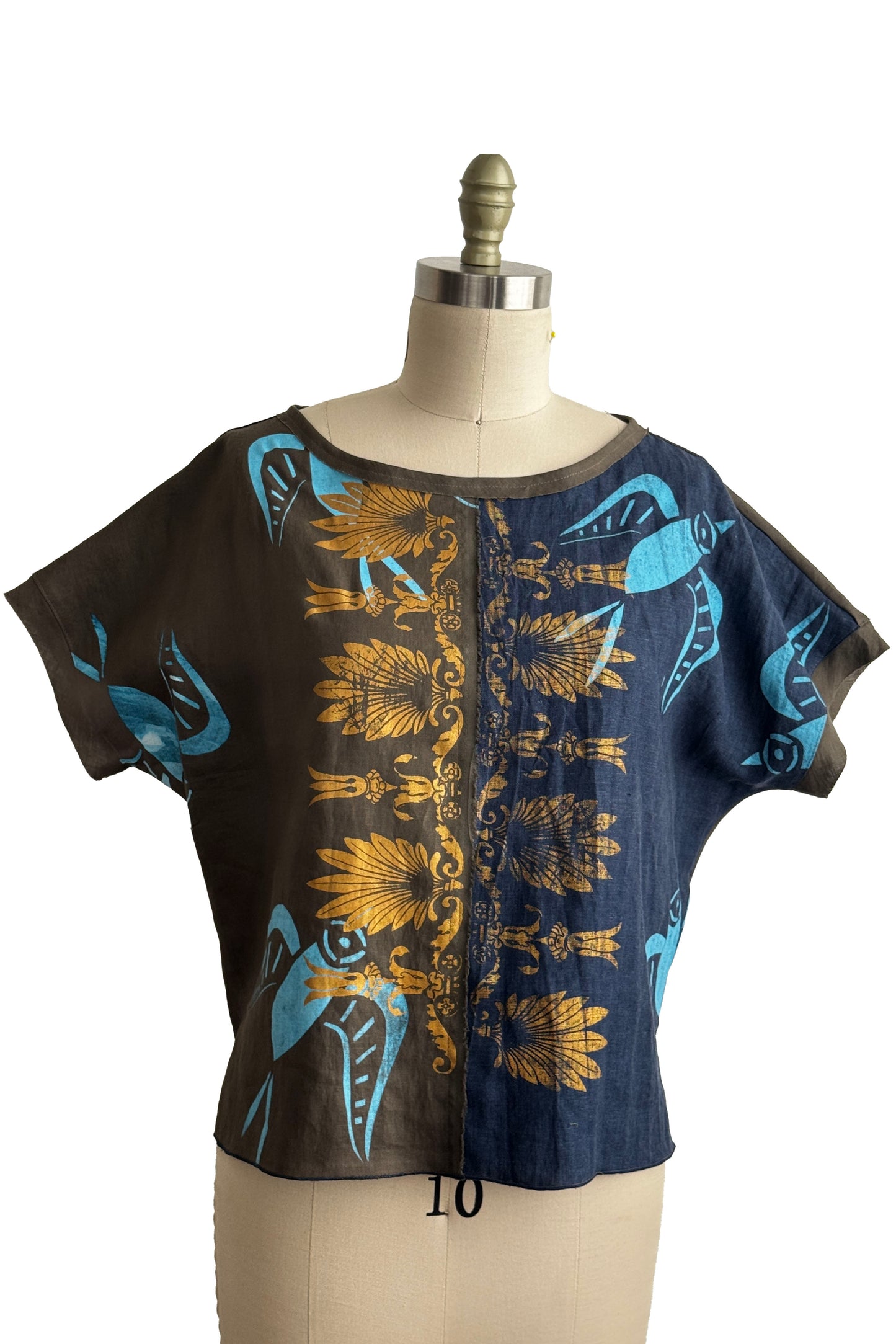 Jen Top | Linen | Tile & Bird Paper Cut Print | Olive, Navy, Gold & Aqua | Medium (3)