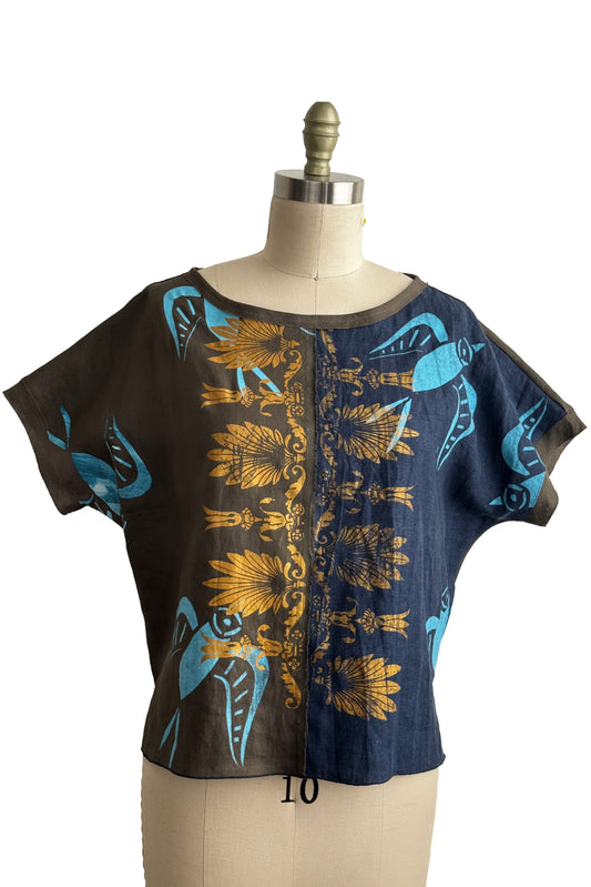 Jen Top | Linen | Tile & Bird Paper Cut Print | Olive, Navy, Gold & Aqua | Medium (3)