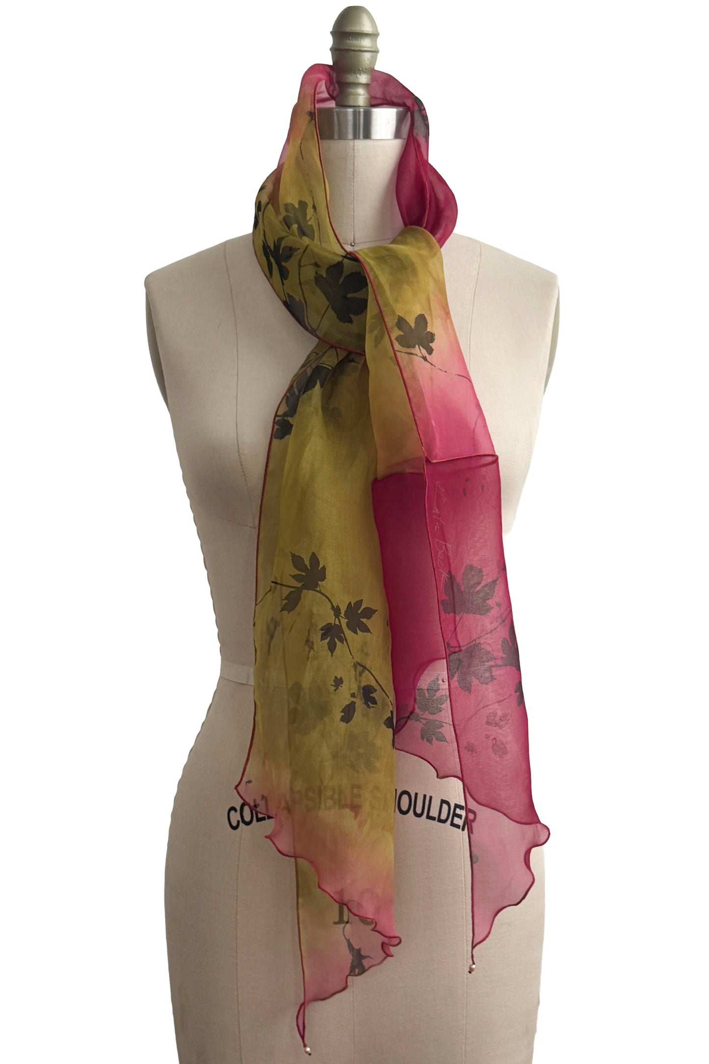 Scarf | Silk Organza | Hops Vine Print | Yellow & Red