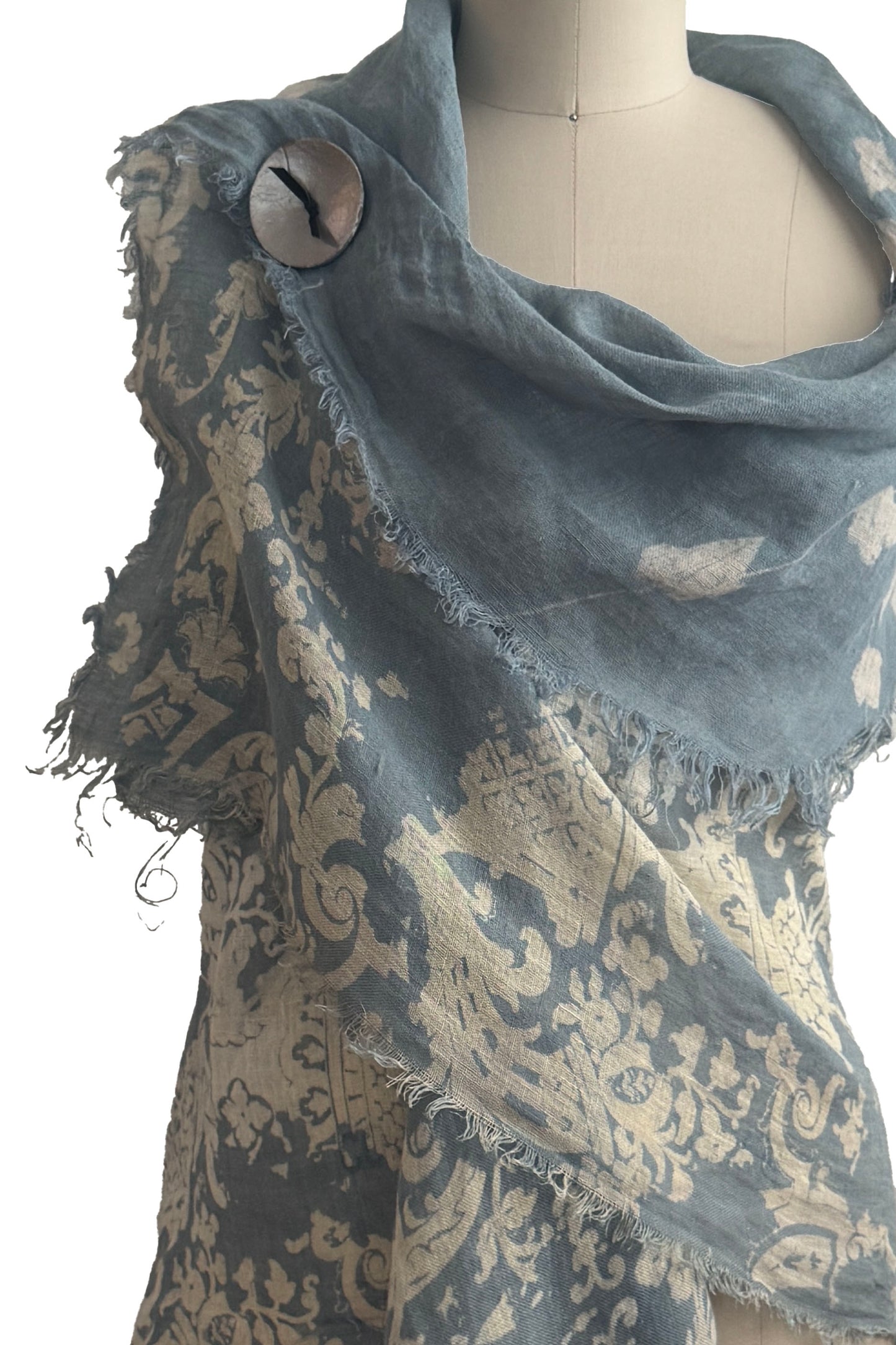 Asymmetrical Wrap Vest | Open Weave Linen | Wallpaper & Vines Print | Light Blue & Natural