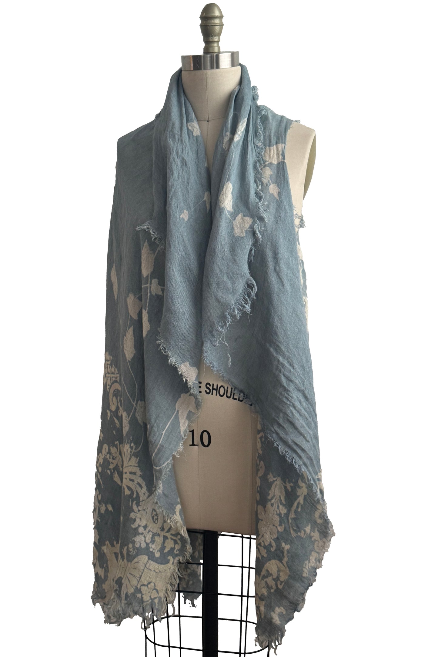Asymmetrical Wrap Vest | Open Weave Linen | Wallpaper & Vines Print | Light Blue & Natural