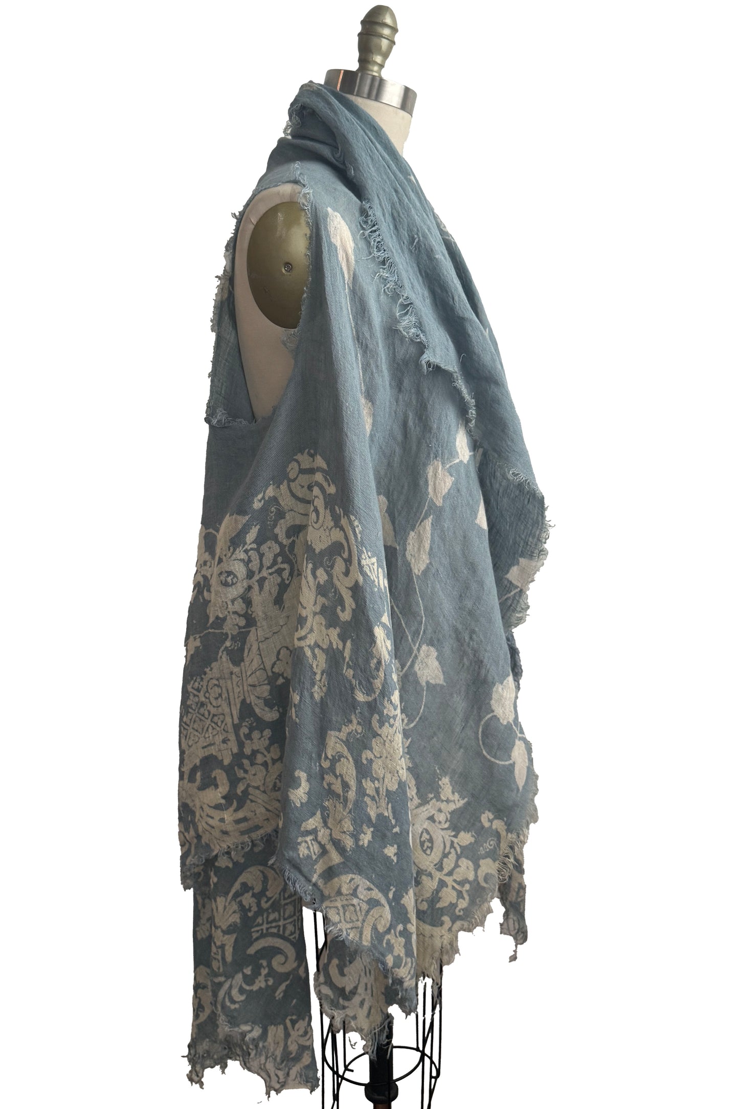 Asymmetrical Wrap Vest | Open Weave Linen | Wallpaper & Vines Print | Light Blue & Natural