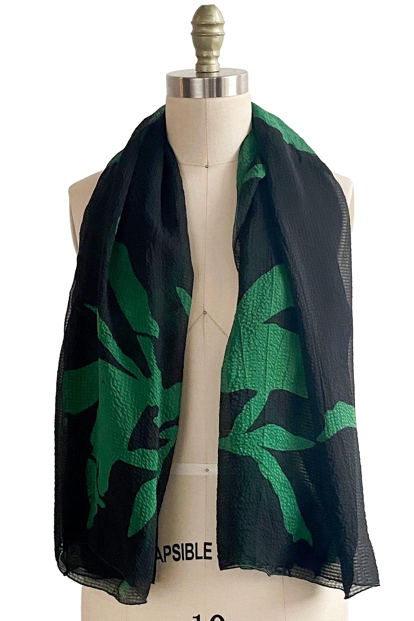 Seersucker Silk Shawl w/ Azalea Print - Black & Green