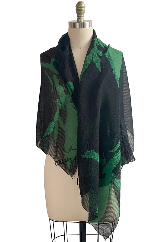 Seersucker Silk Shawl w/ Azalea Print - Black & Green