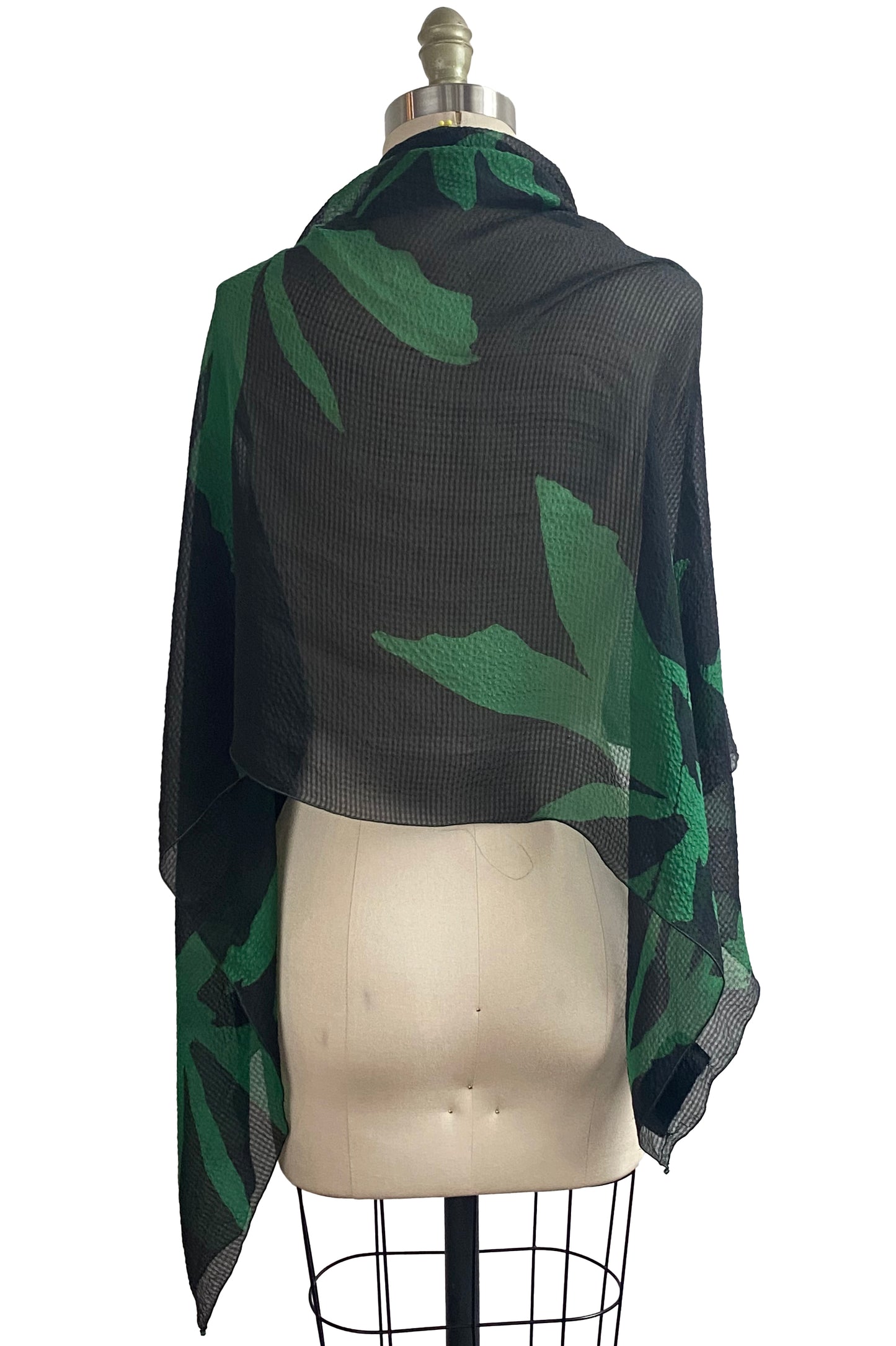 Seersucker Silk Shawl w/ Azalea Print - Black & Green