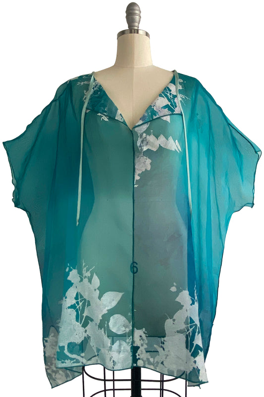 Jo Top Silk Organza w/ Bramble Print - Turquoise & White