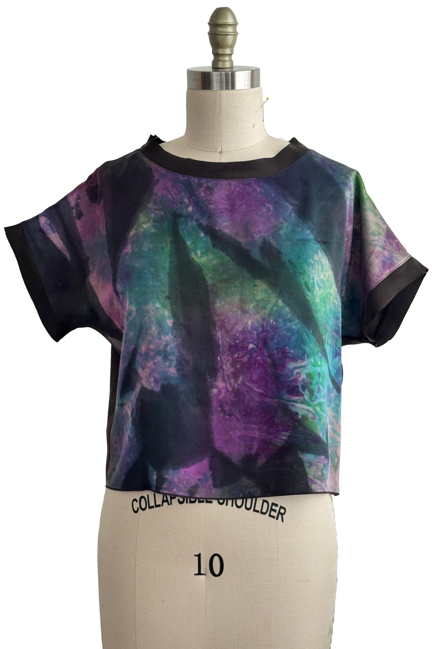 Jen Top | Silk Charmeuse | Painted & Spray Dye | Purple, Green & Black | Small