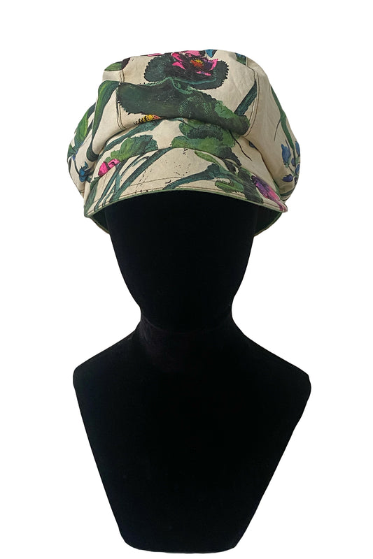 Brixton Hat - Handpainted Botanical Print - Natural, Green, Pink & Blue