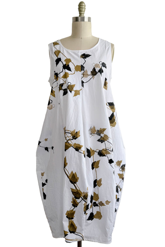 Plum Dress in Cotton - Vine Print - White, Black & Gold - Medium