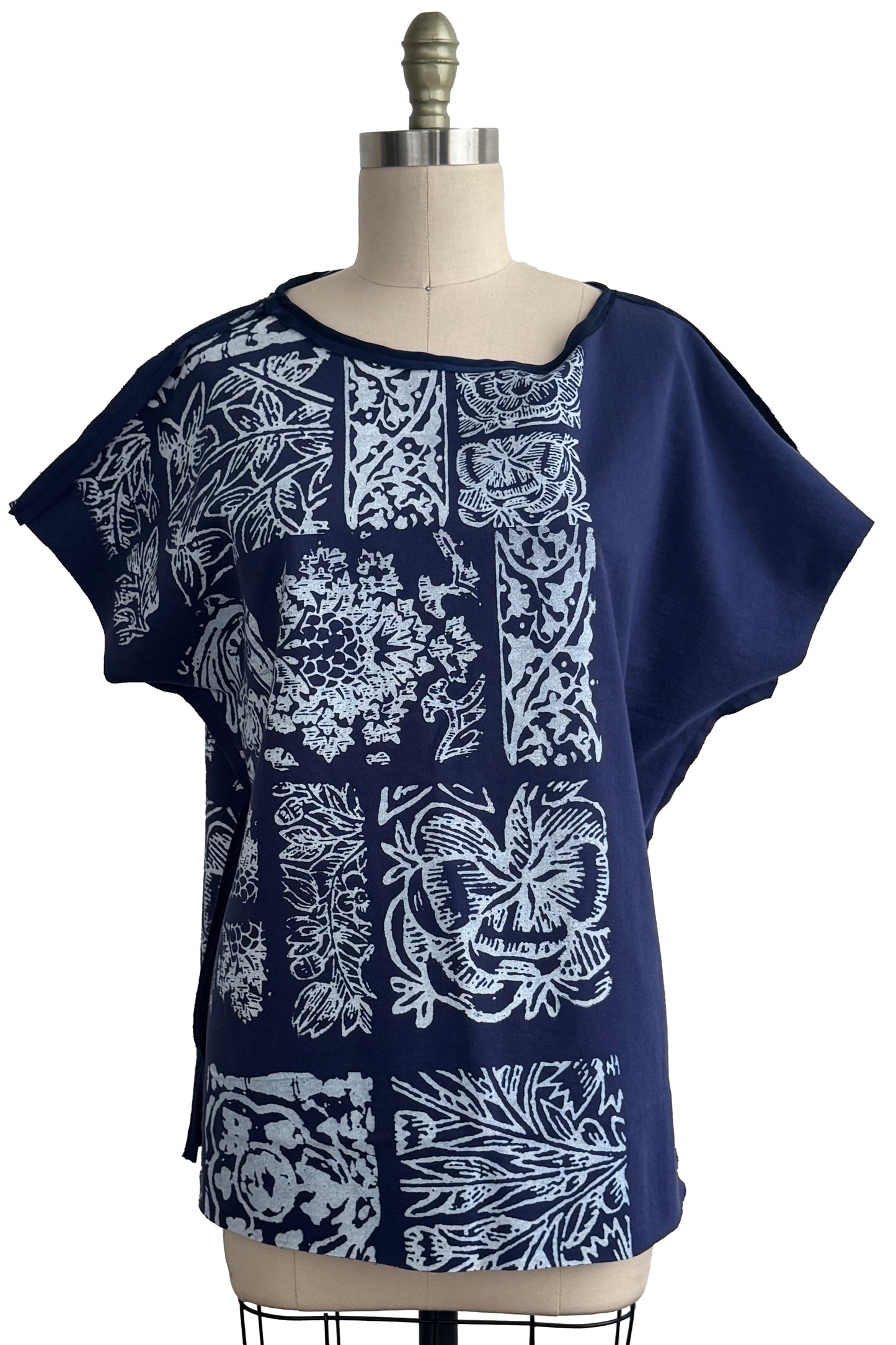 Jen Top | Organic Cotton French Terry | Tile Print | Blue & White | Medium Long