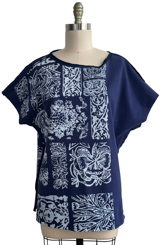 Jen Top | Organic Cotton French Terry | Tile Print | Blue & White | Medium Long