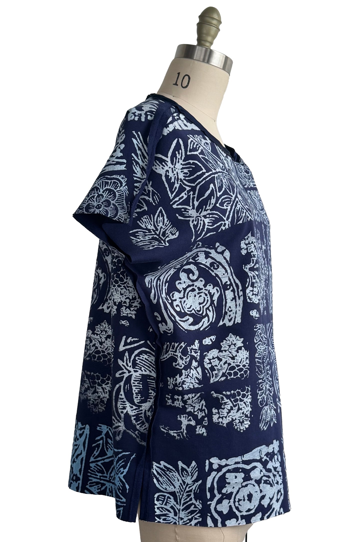 Jen Top | Organic Cotton French Terry | Tile Print | Blue & White | Medium Long