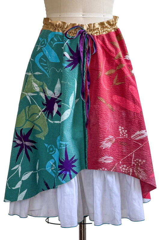 Cannes Skirt - Seersucker Cotton - Botanical Print - Turquoise & Red