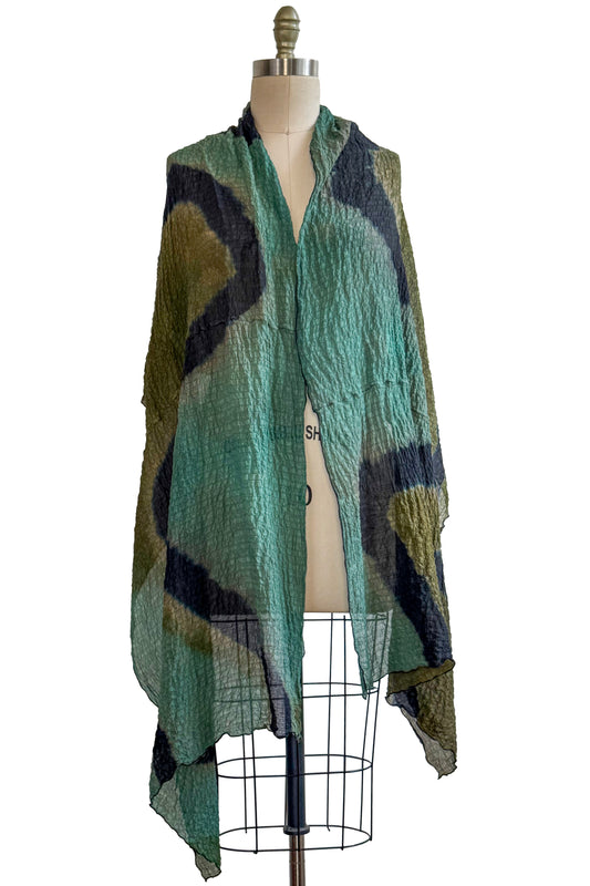 Seersucker Silk Shawl - Itajimie Dye - Black, Olive Green & Turquoise