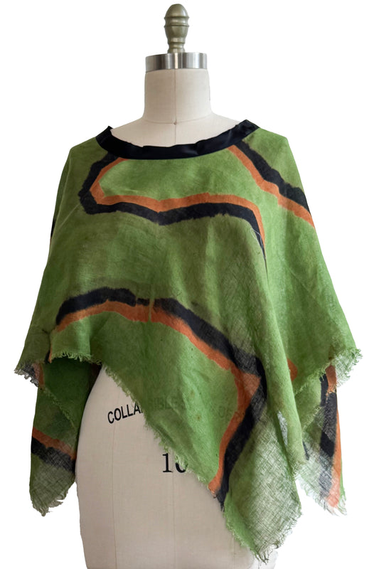 Open Weave Linen Poncho - Itajime Dye - Green, Black & Rust
