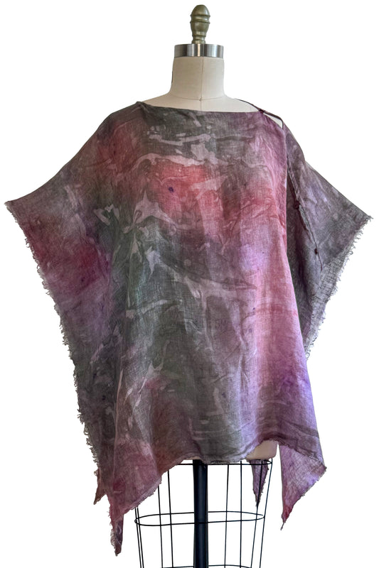 Open Weave Linen Poncho w/ Itajime Dye - Lime Green, Gold, Pink & Slate Grey