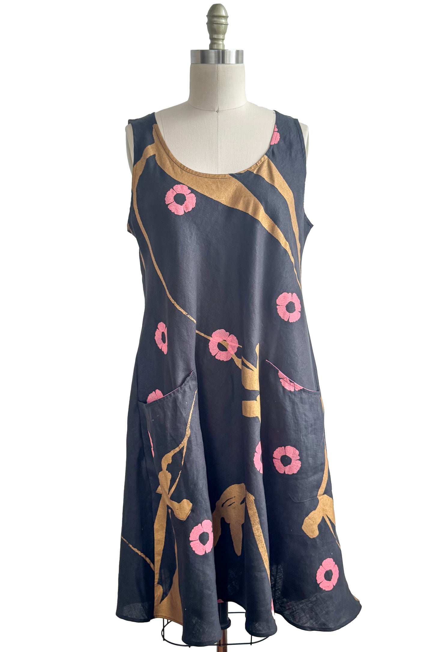 Emilia Dress - Linen - Tulip & Poppy Print - Black, Pink & Gold - Large