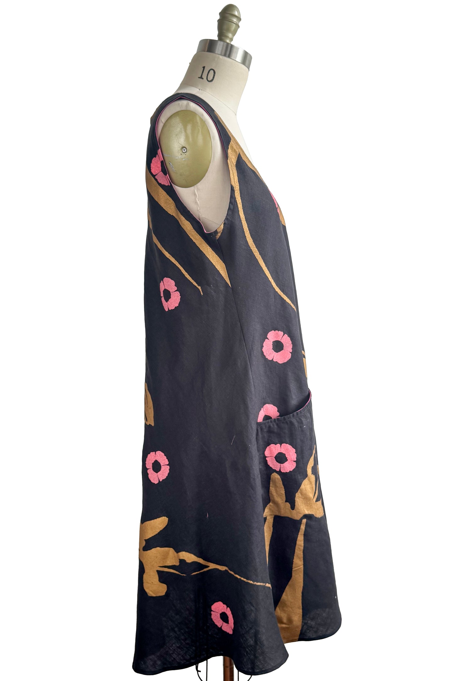 Emilia Dress - Linen - Tulip & Poppy Print - Black, Pink & Gold - Large