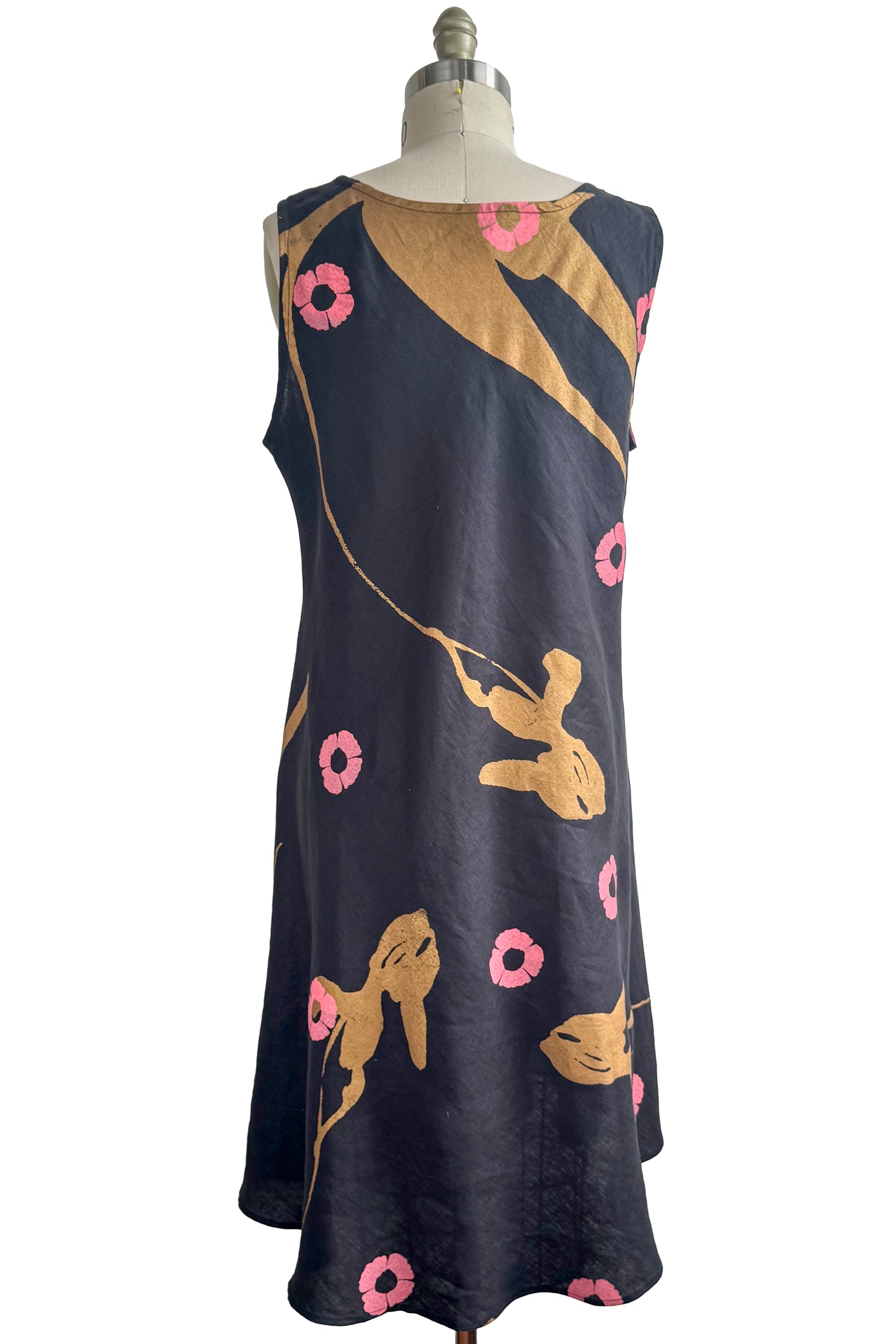 Emilia Dress - Linen - Tulip & Poppy Print - Black, Pink & Gold - Large