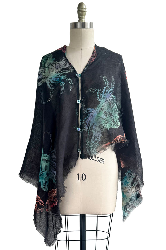 Button Drape - Linen - Hand Painted Crab Print - Black, Turquoise & Coral