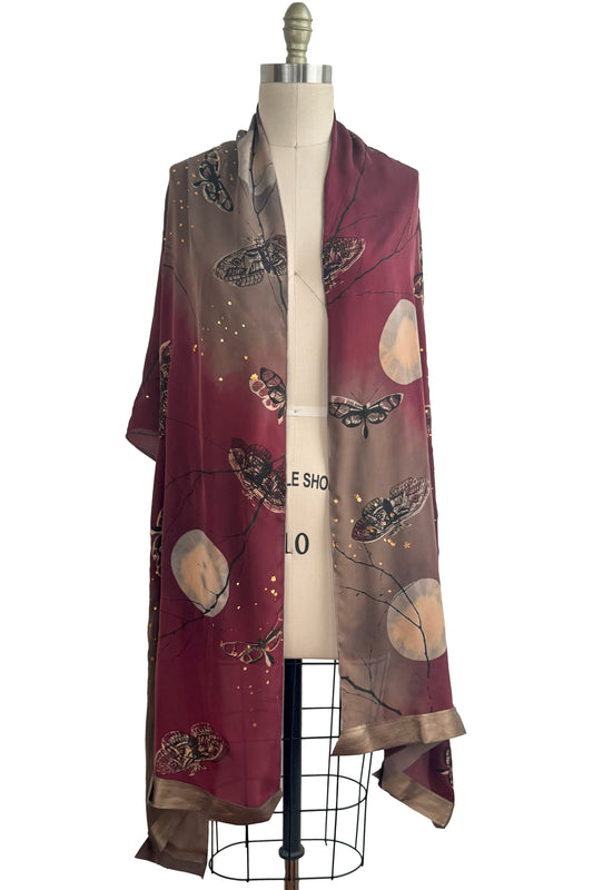 Shawl - Silk Georgette - Leather Trim - Moth & Moon Print - Wine, Light Brown & Gold