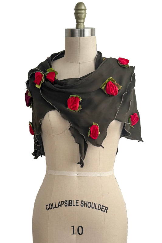 Georgette Krazy Scarf - Silk Rosettes - Olive & Red