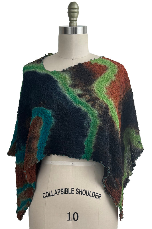 Bubble Silk Poncho - River Dye - Midnight, Turquoise, Lime Green & Rust