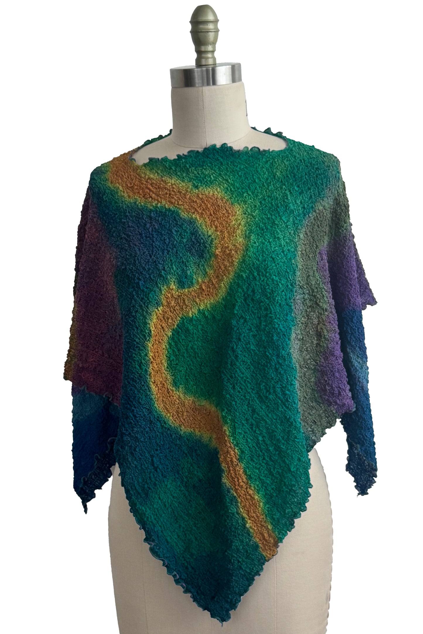 Bubble Silk Poncho - River Dye - Turquoise, Blue, Lavender & Orange