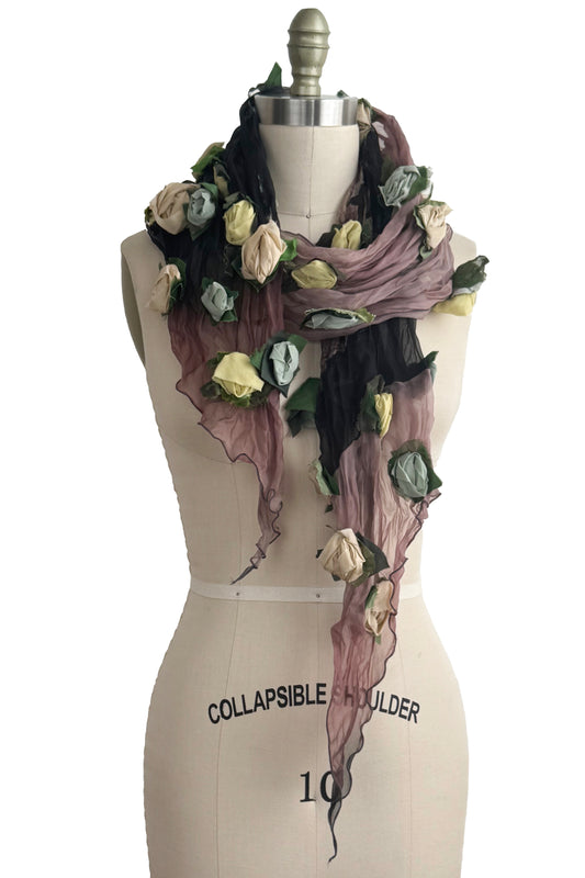 Organza Flower Shawl - Black & Natural w/ White, Green, Yellow
