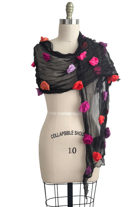 Organza Flower Shawl - Black w/ Orange, Purple, Fuchsia