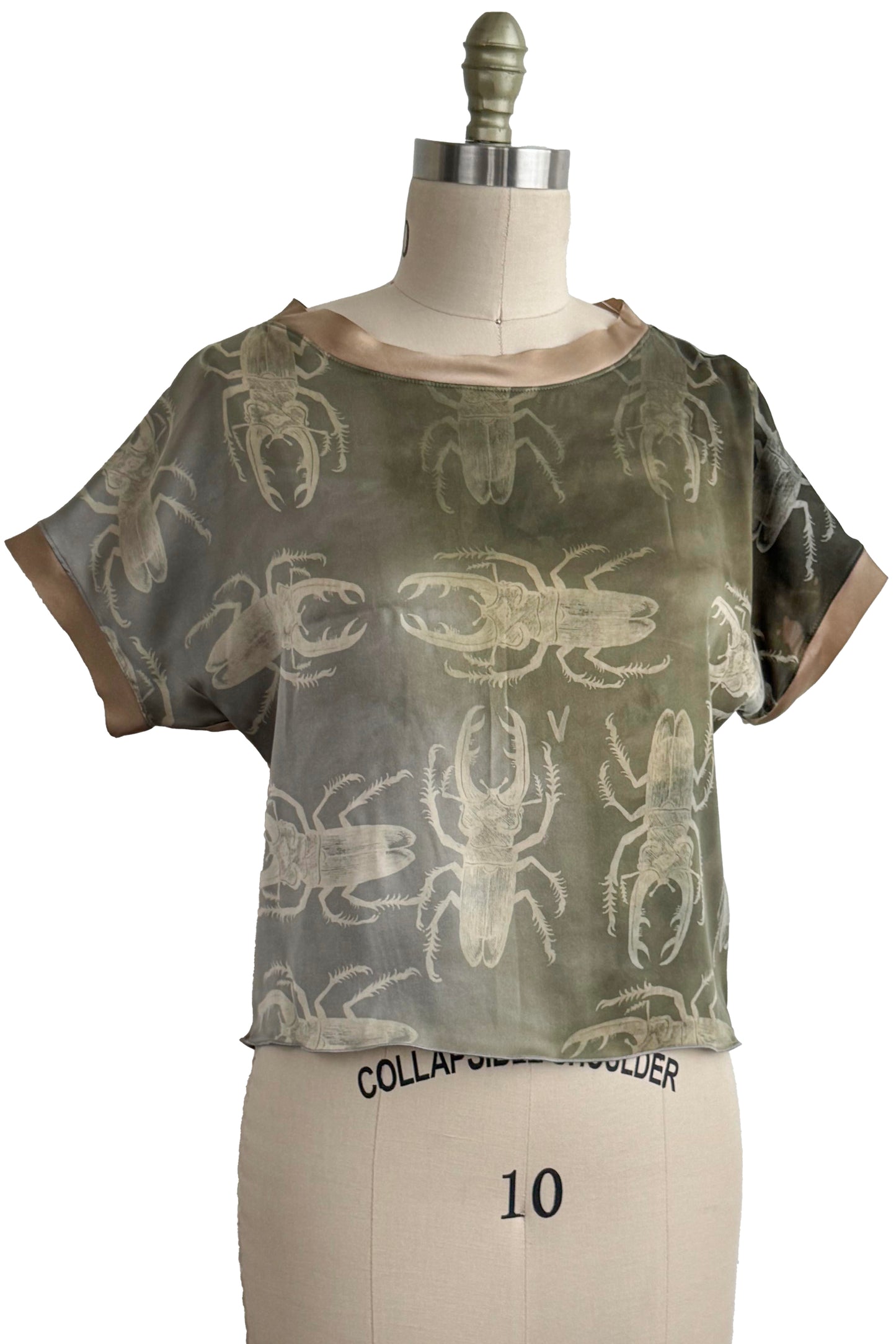 Jen Top - Silk - Beetle Print - Olive Green & Champagne - Medium