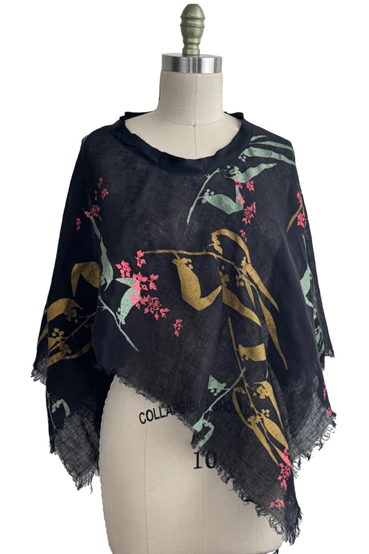 Open Weave Linen Poncho - Botanical Eucalyptus Print - Black