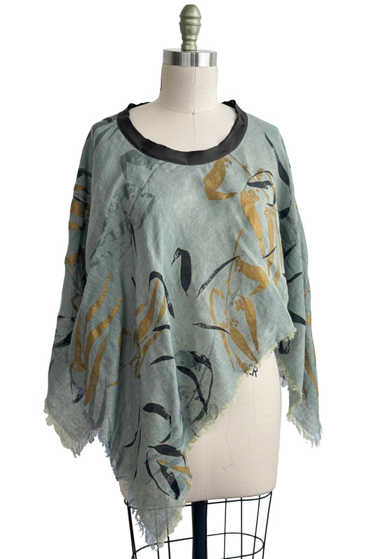 Open Weave Linen Poncho - Botanical Eucalyptus Print - Sage