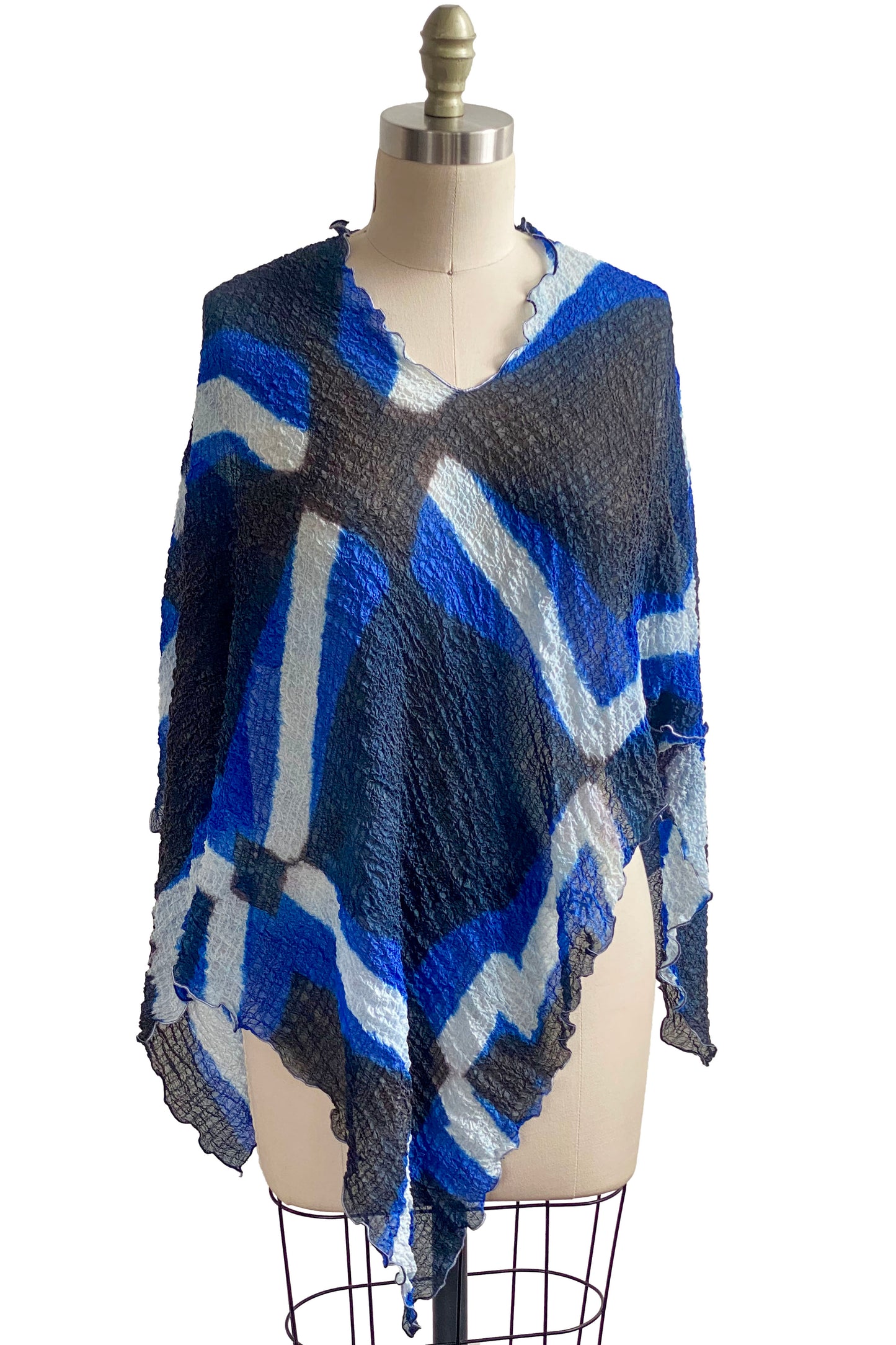 Waffle Silk Poncho w/ Itajime Stick Dye - Blue, Black & White