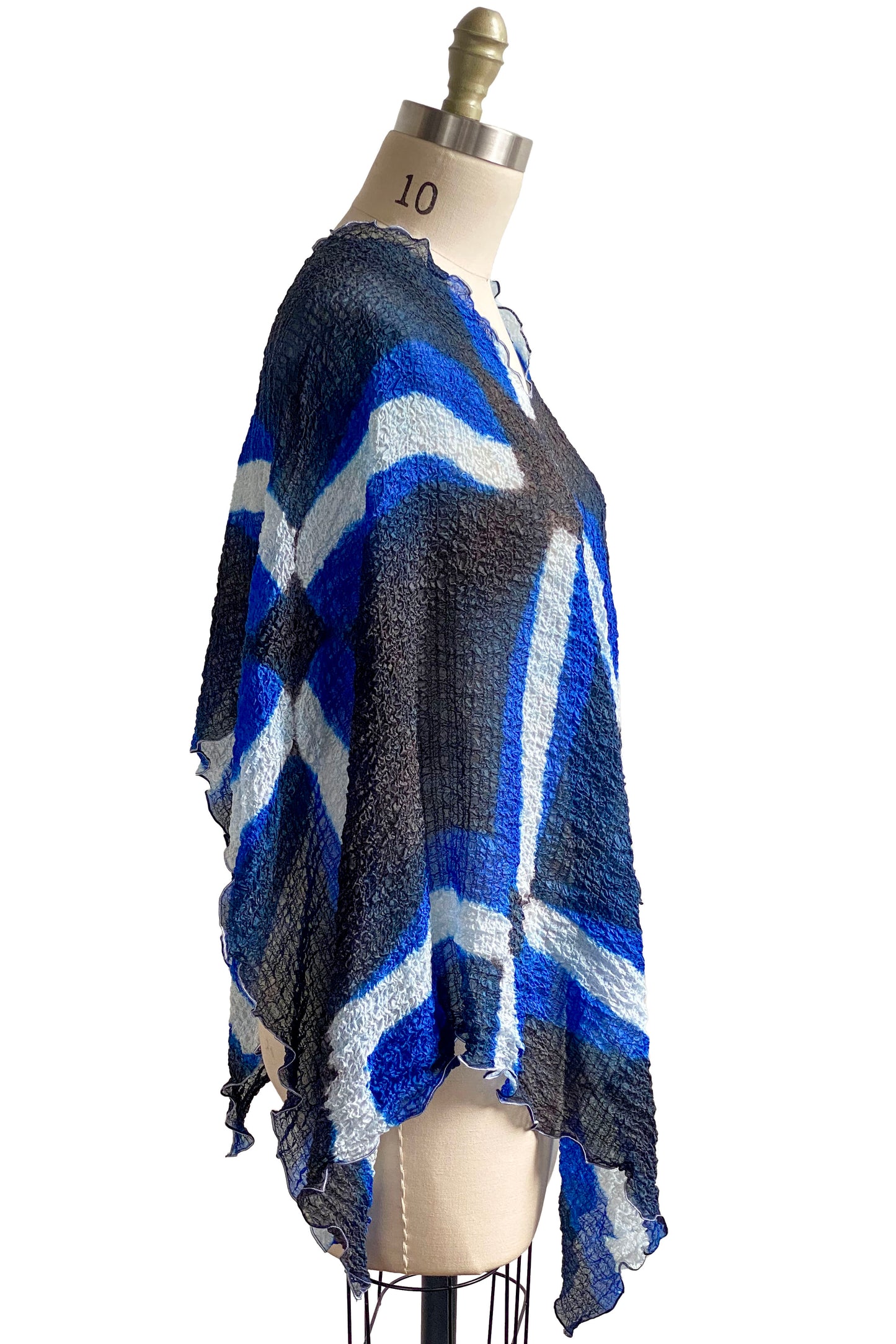 Waffle Silk Poncho w/ Itajime Stick Dye - Blue, Black & White