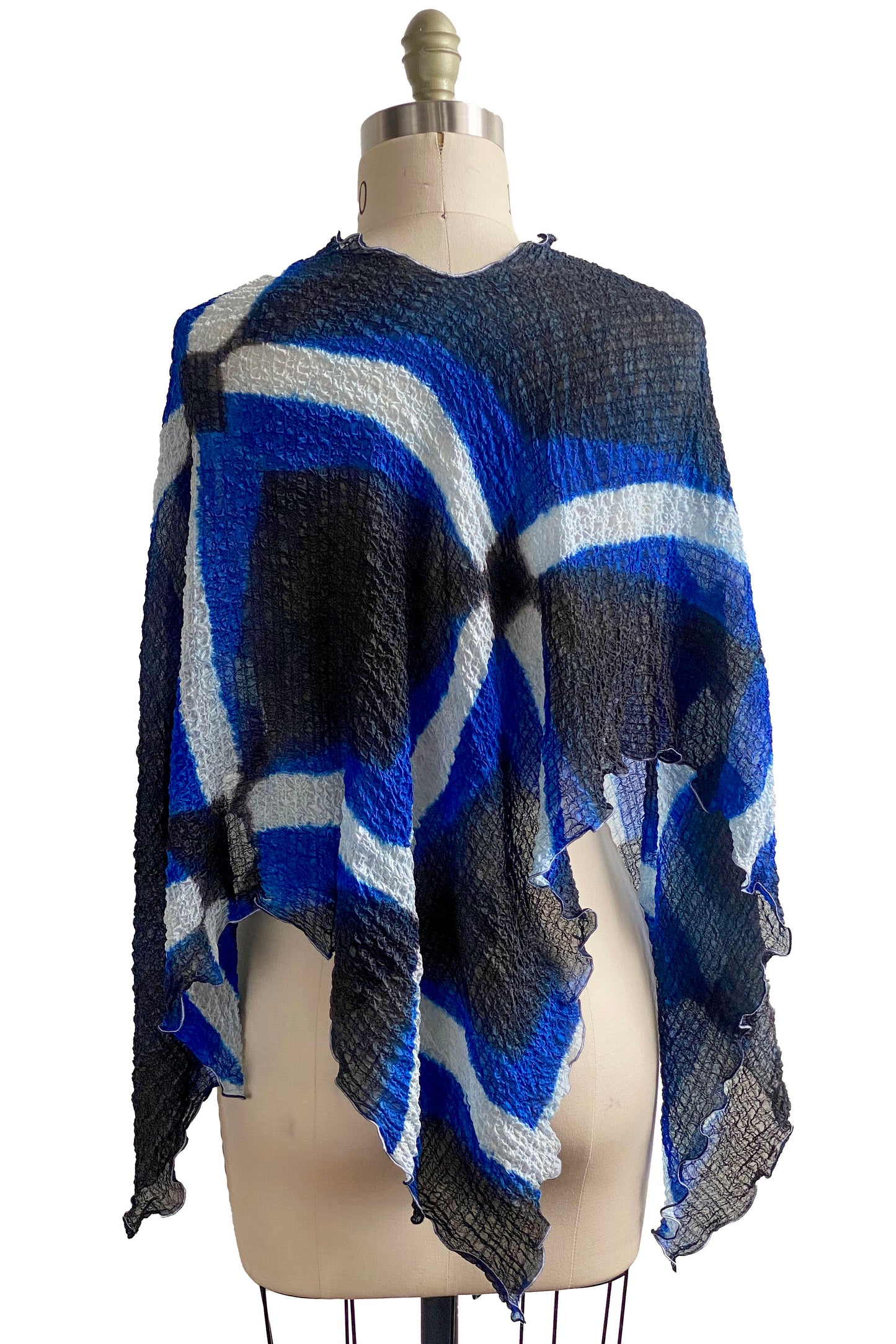 Waffle Silk Poncho w/ Itajime Stick Dye - Blue, Black & White