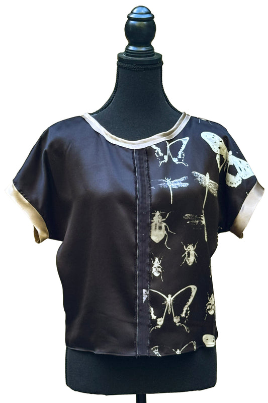 Jen Top - Silk Charmeuse - Bug Print - Black & Natural - Medium