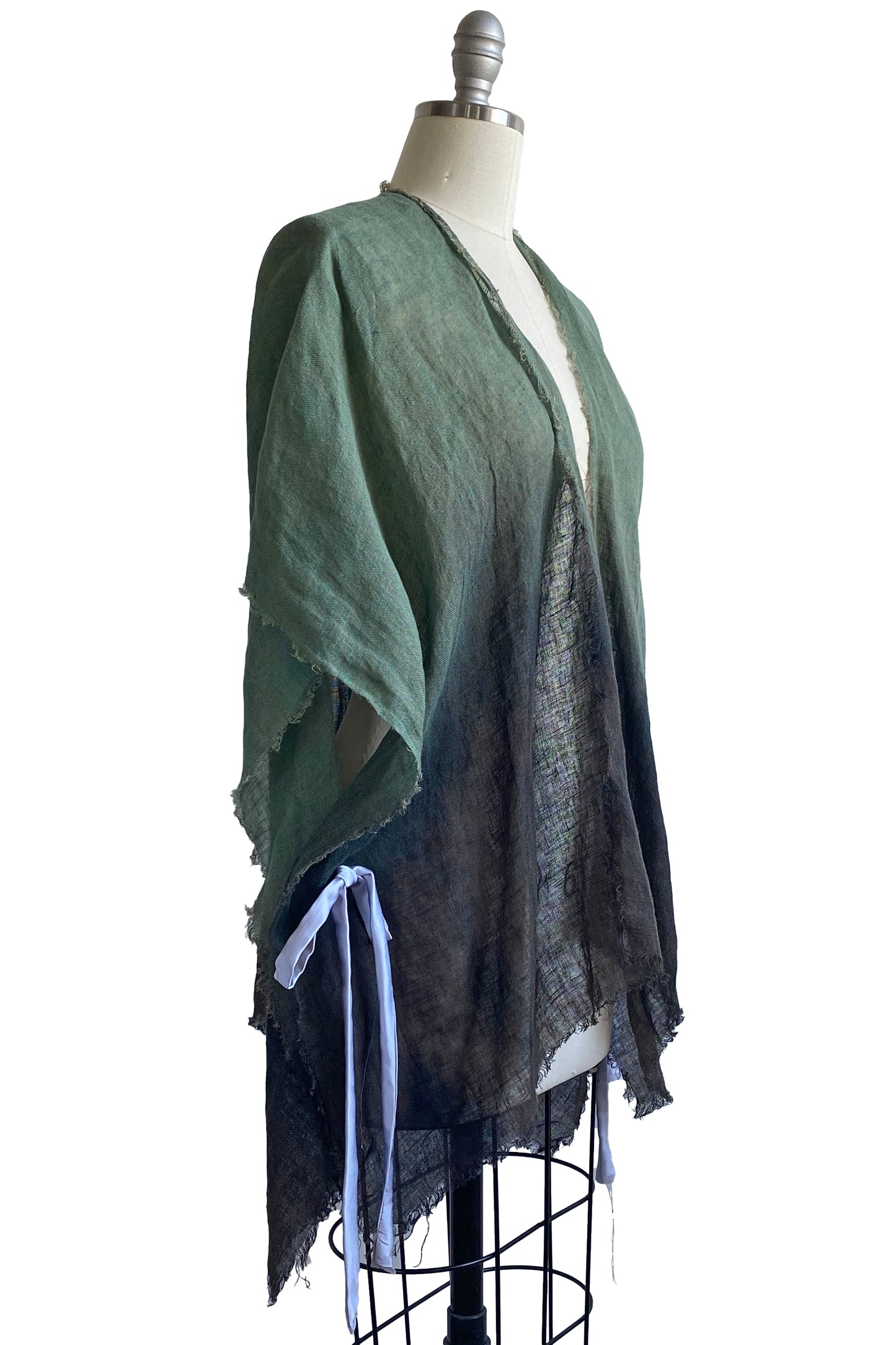 Open Weave Linen Drape w/ Silk Ties - Green & Black