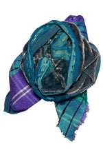 Load image into Gallery viewer, Silk &amp; Velvet Floral Brooch - Blue &amp; Purple, Turquoise Plaid Clip
