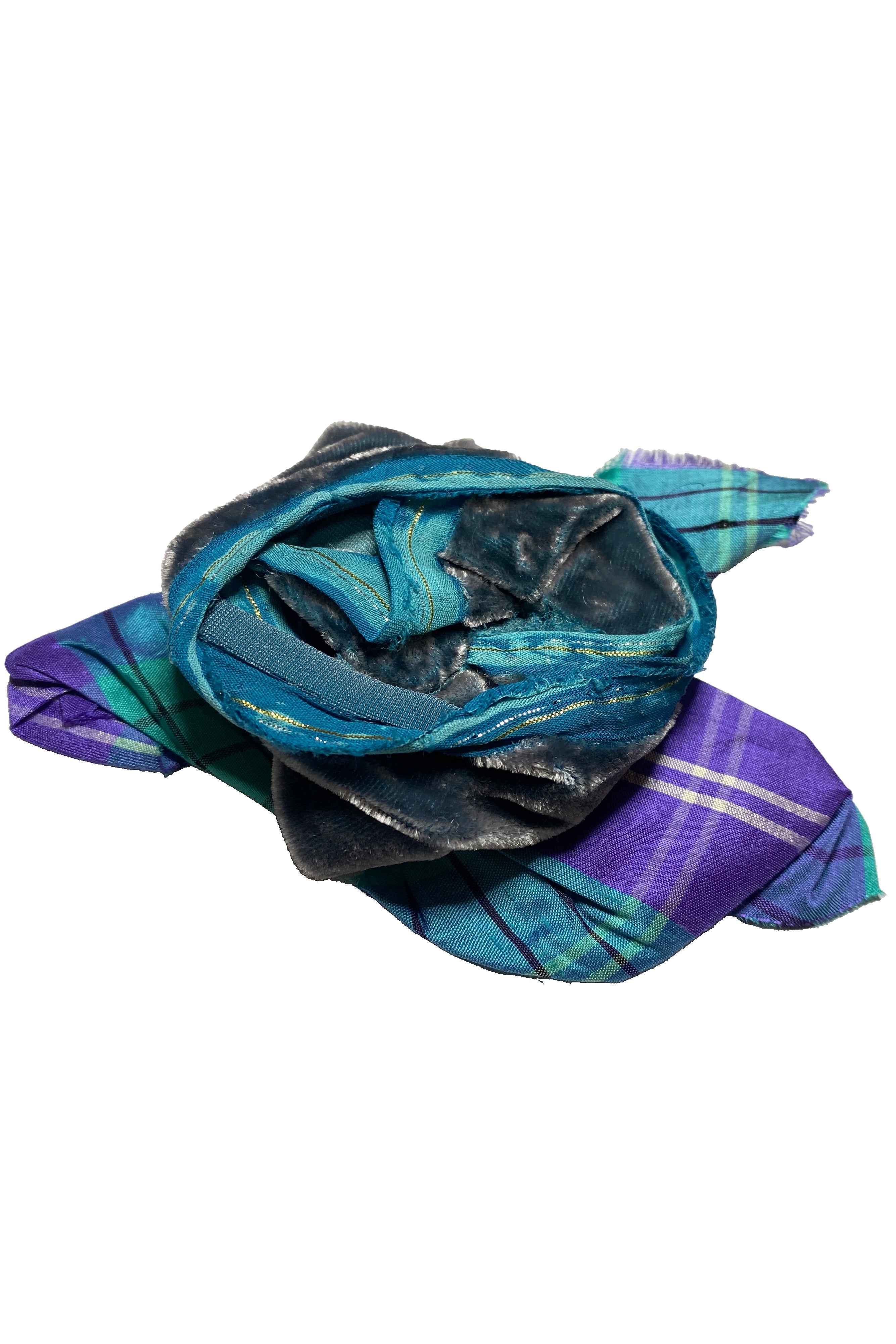 Silk & Velvet Floral Brooch - Blue & Purple, Turquoise Plaid Clip