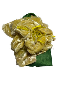 Silk & Velvet Floral Brooch w/ Bead Detail - Yellow & Green Magnetic