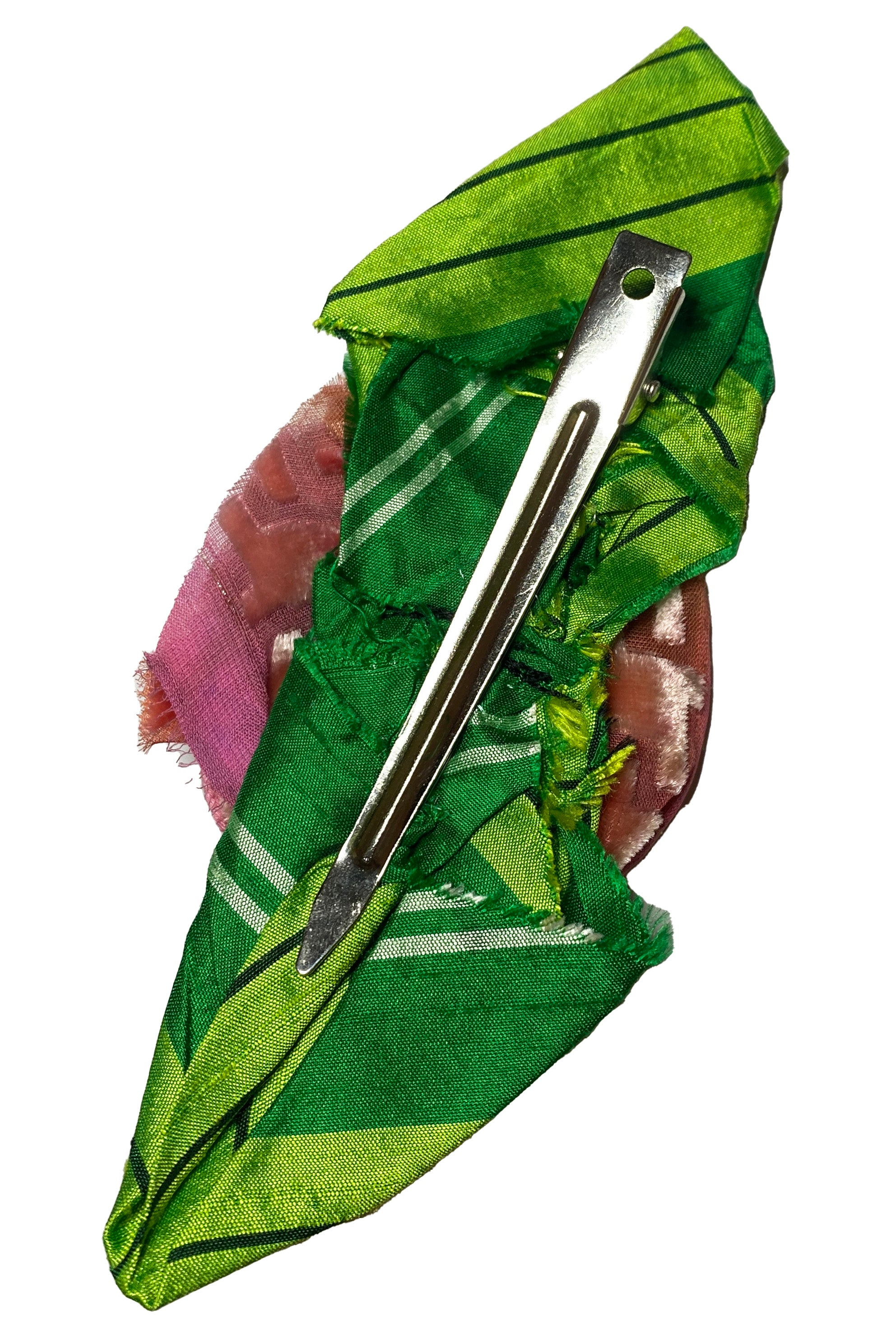 Silk & Velvet Floral Brooch - Pink & Green Clip